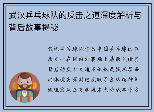 武汉乒乓球队的反击之道深度解析与背后故事揭秘